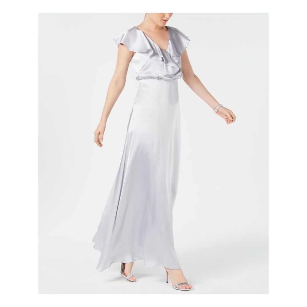 ADRIANNA PAPELL Womens Silver Short Sleeve Full-Length Evening A-Line Dress 0